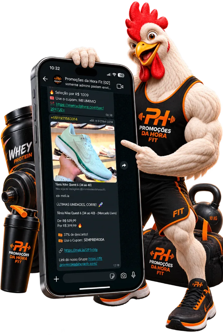 Mascote Promoções da Hora Fit, um frango musculoso malhando